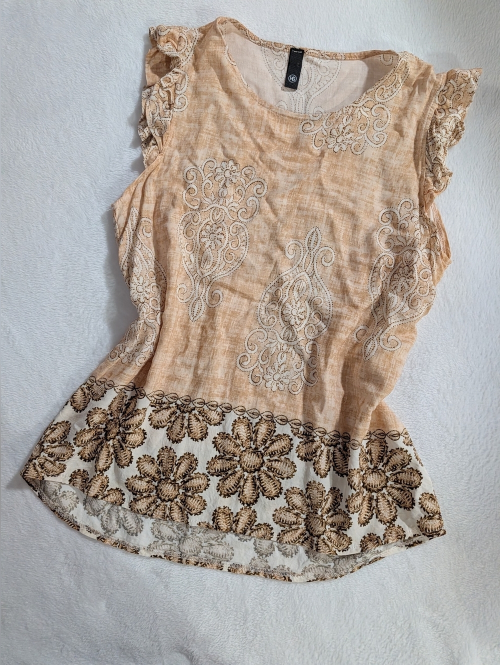 Light orange & brown Floral Embroidered Blouse Ruffled Sleeves, Size Medium